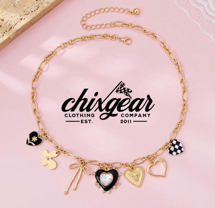 Bow/Checkered Heart Charm Necklace