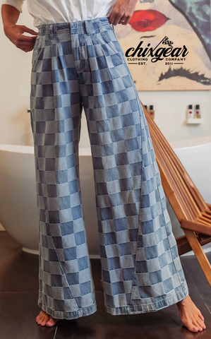 Allyson Two-Tone Check Wide Leg Jeans