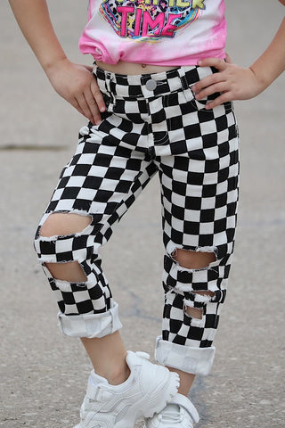 Kids Checkered Distressed Jeans